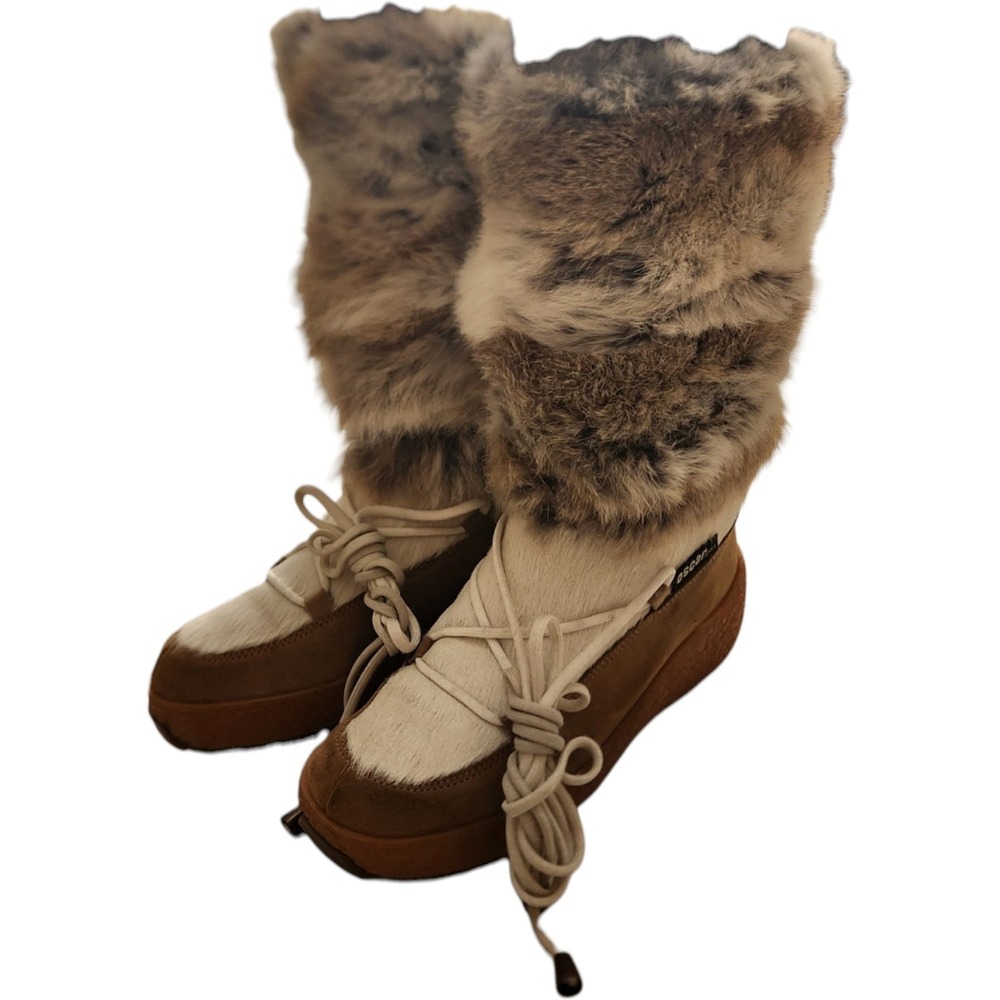 Oscar Sport Italy Faux Fur Cow Hair Snow Boots Brown White Platform Womens 38